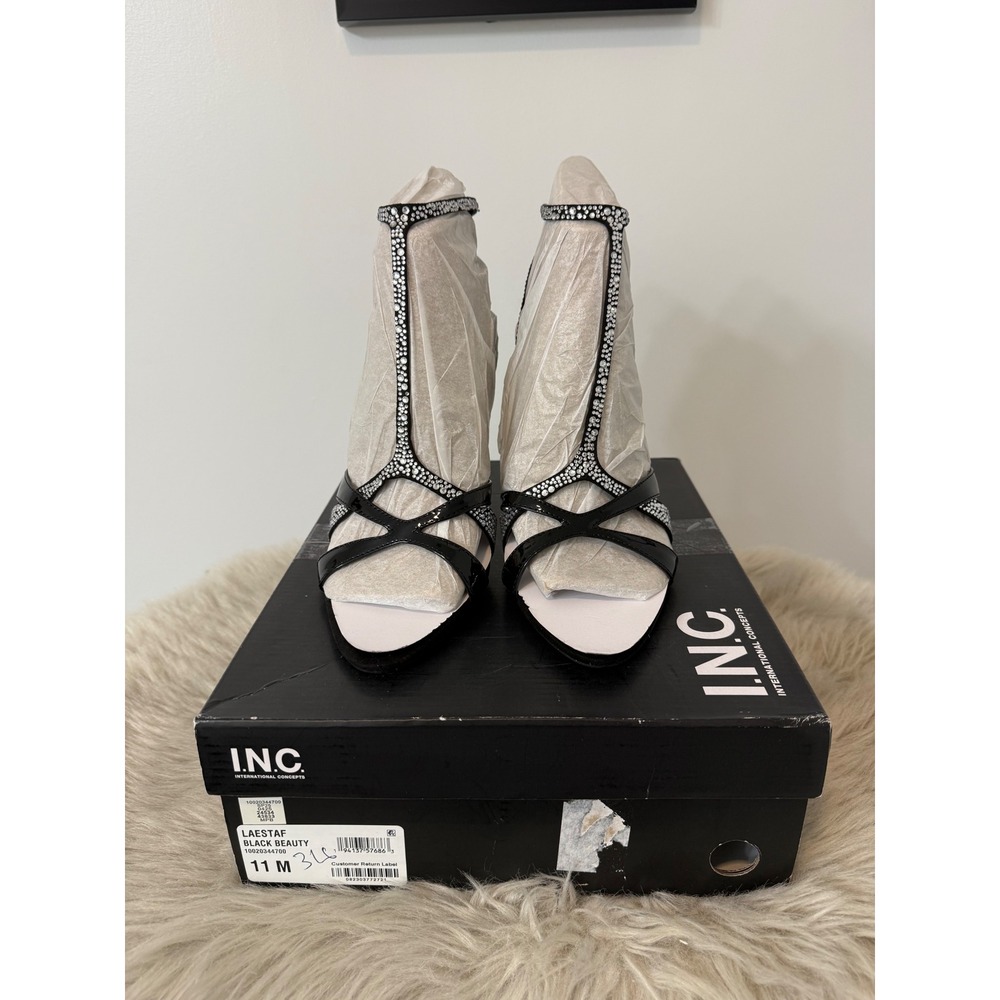 INC International Concepts Laestaf Black Rhinestone T-Strap Dress Sandals 11M
